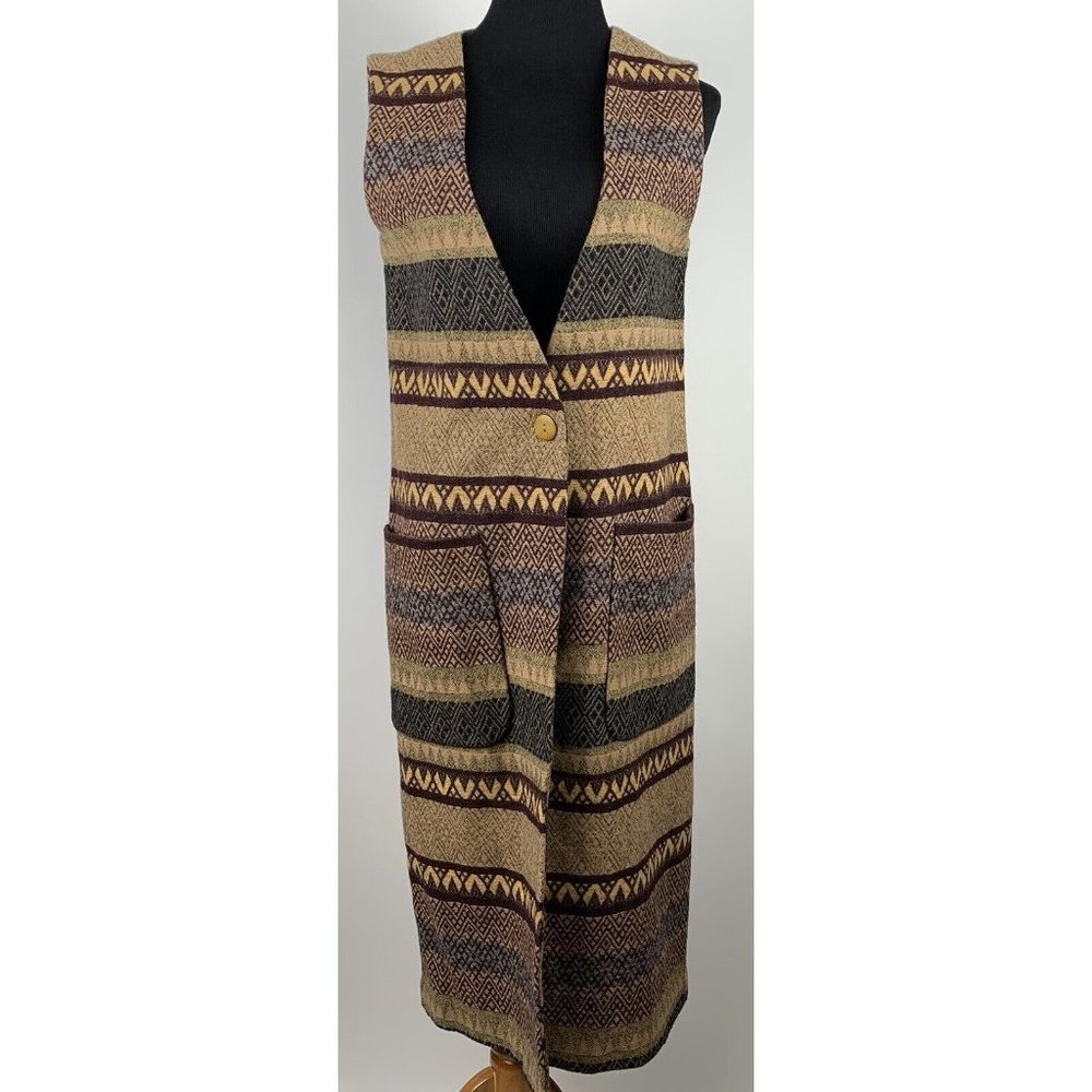 Icelandic Design Sweater Womens M Long Vest Jacket Southwest Brown Wool‎ Blend
